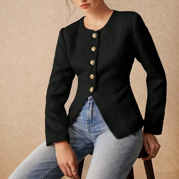 Black Elegant Women's Round Neck Split Cuff Jacket - Picture 4 of 7